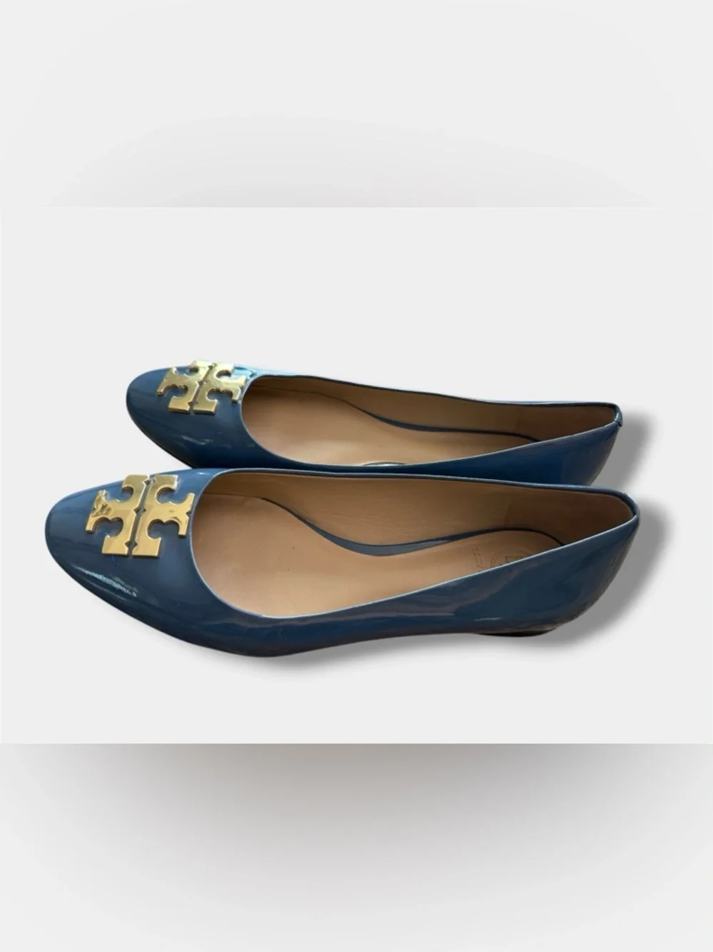 Tory Burch Reva Flats Blue Patent Leather Gold Logo Ballet Shoes Women’s 7M